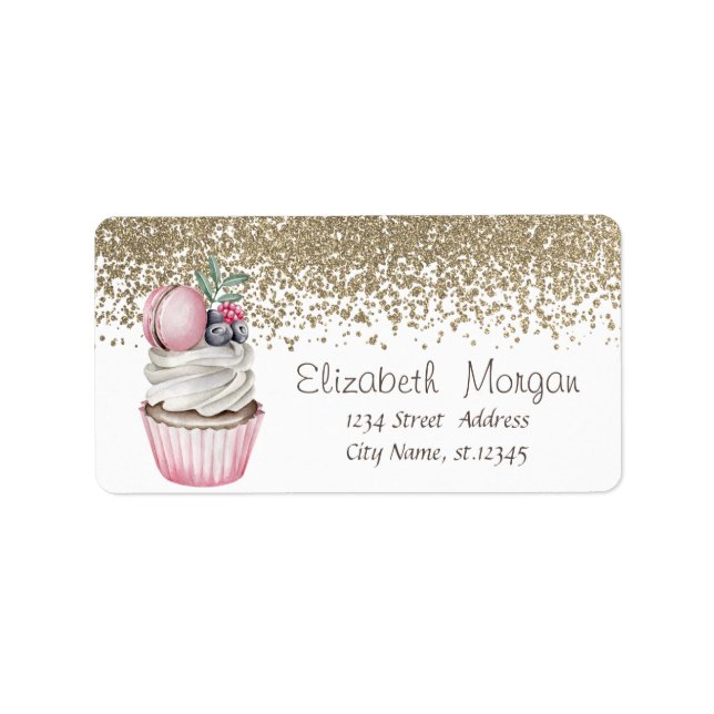 Étiquette Élégant Gaufrette Cupcake Macaron Diamants Or (Devant)