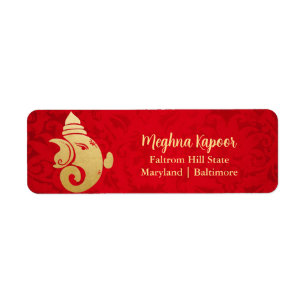 Étiquette Elégant Gold Foil Ganapati Indian God Red Damask