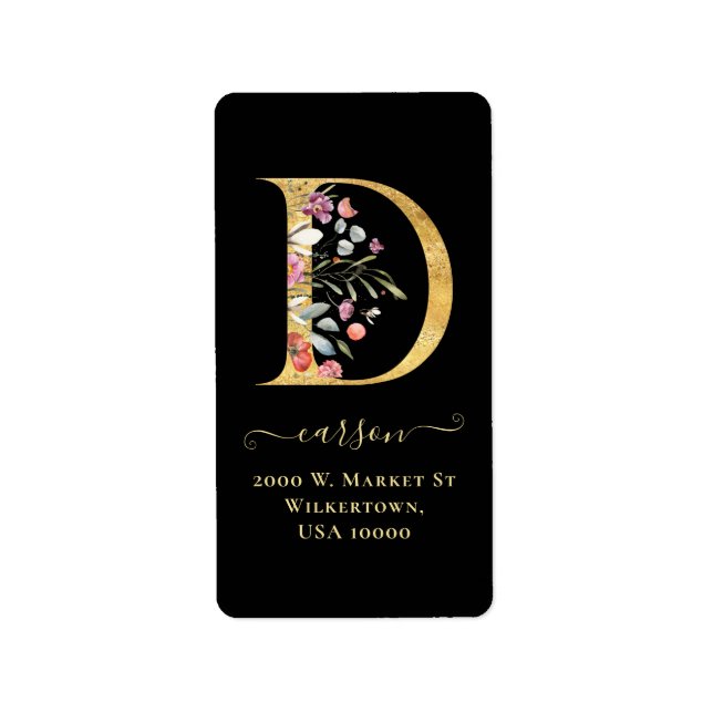Étiquette Elegant Gold Monogram D Floral Address Label (Devant)