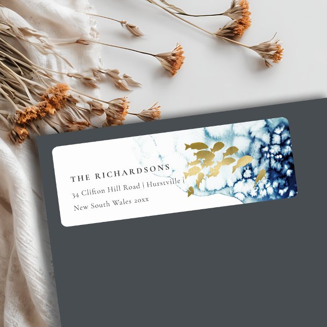 ÉTIQUETTE ELEGANT GOLD NAVY UNDERWATER SEA FISH ADDRESS LABE (Créateur téléchargé)