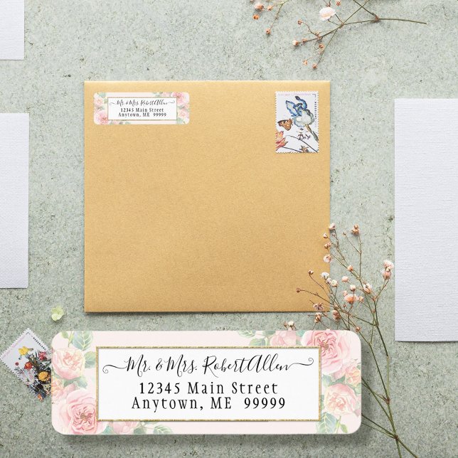 Étiquette Élégant Gold Script Botanical Rose rose n Verdure (Créateur téléchargé)