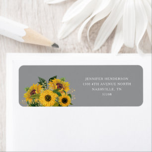 Étiquette Elegant Grey Sunflowers Mariage Adresse de retour