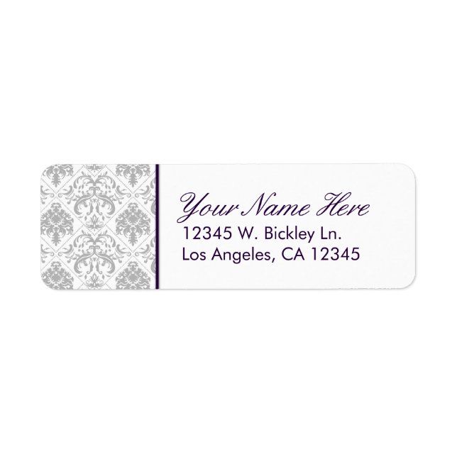 Étiquette Élégant Gris Damas avec Eggplant Purple Texte (Devant)