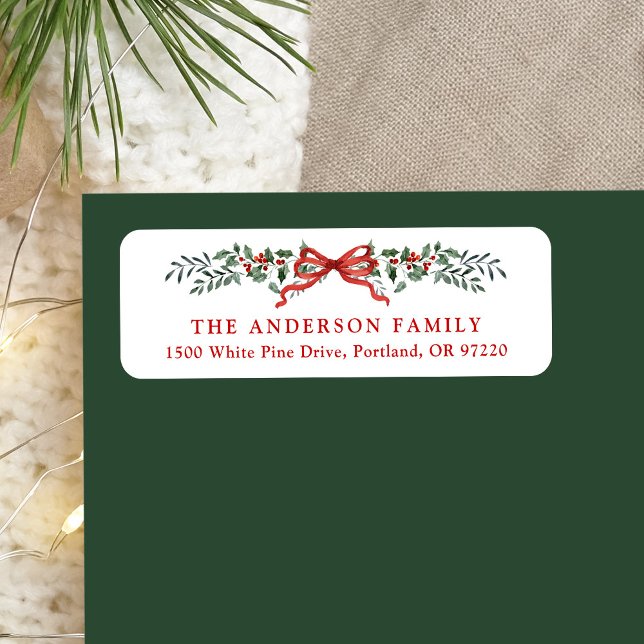 Étiquette Elegant Holly Berries Bow Noël Adresse de retour (Créateur téléchargé)