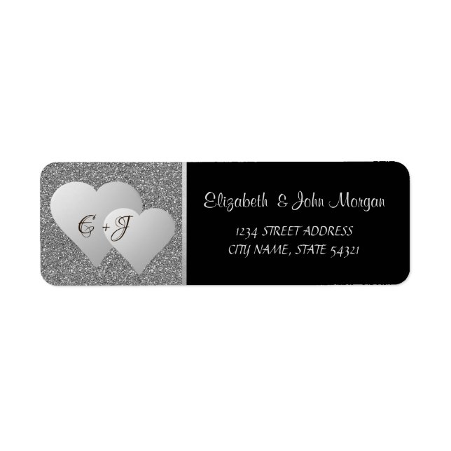 Étiquette Élégant Luxe, Cœurs Pailletés Argent, Monogramme (Devant)