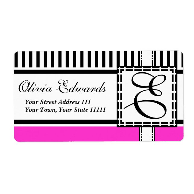 Étiquette Élégant Magenta et bandes noires Monogramme E (Devant)