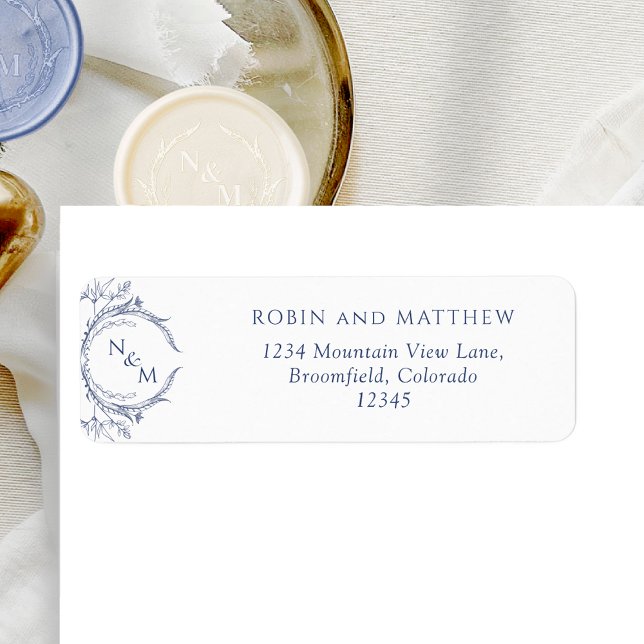 Étiquette Élégant Mariage de monogramme de la marine Adresse (Créateur téléchargé)