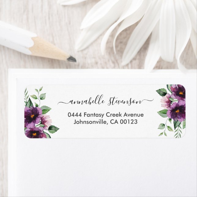 Étiquette Élégant Mariage Floral Purple Vert (En situation)