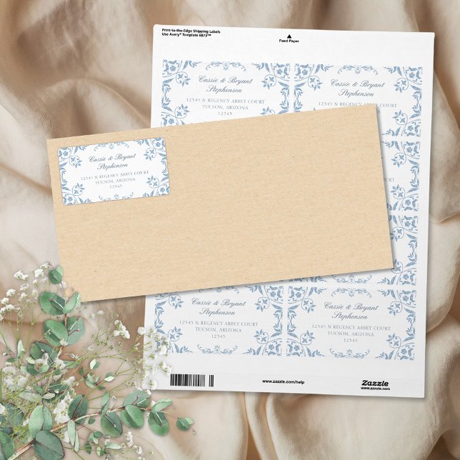 Étiquette Élégant Mariage frontalier de la Chine blanche et  (elegant blue and white return address labels with decorative border and chinoiserie vintage design)