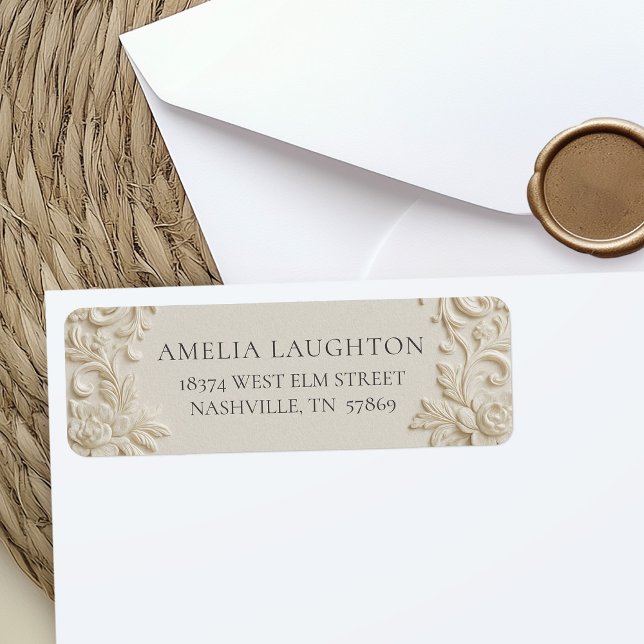 Étiquette Élégant Mariage Ivoire Gaufrage (Elegant Baroque Ivory Wedding Return Address Label)