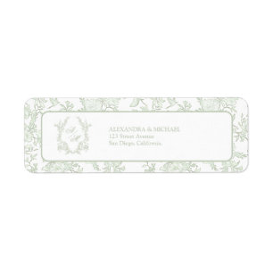 Étiquette Élégant Mariage Monogramme Toile de Crème Verte