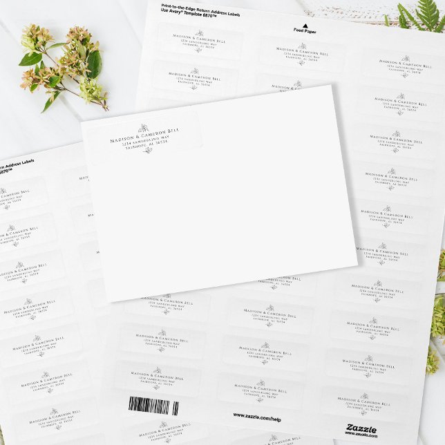 Étiquette Élégant mariage retour adresse Feuilles blancs noi (Elegant Wedding Return Address Black White Leaves Label)