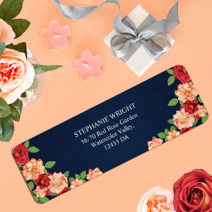 Étiquette Elégant Marine Blue Rose Floral Mariage Adresse