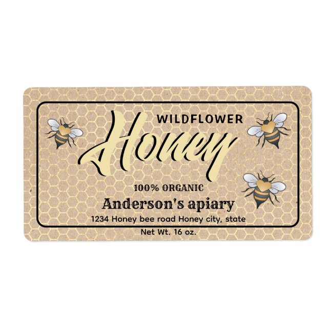 Étiquette Élégant moderne en carton abeilles miel bocal étiq (Devant)