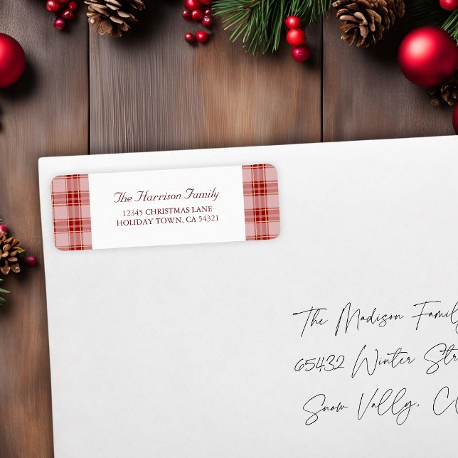 Étiquette Élégant moderne rouge Plaid Adresse de retour Labe (Elegant Modern Red Plaid Return Address Label)