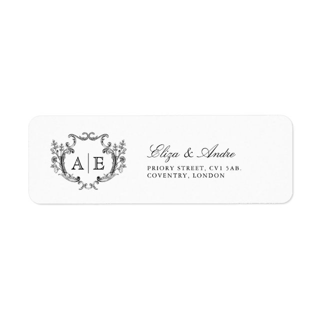 Étiquette Élégant Monogram Crest Mariage noir et blanc (Devant)
