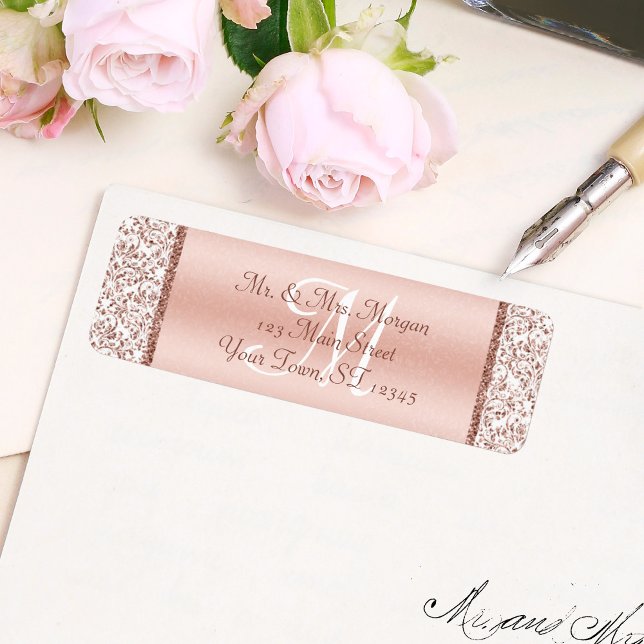 Étiquette Élégant Monogram Rose Gold Mariage damassé (Créateur téléchargé)