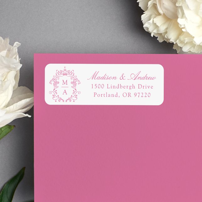 Étiquette Élégant monogramme de mariage à crête rose Adresse (Créateur téléchargé)