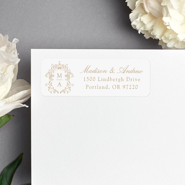 Étiquette Élégant monogramme de mariage avec blason doré pou (Créateur téléchargé)