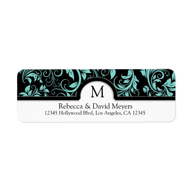 Étiquette Elégant noir et bleu Turquoise avec Monogramme (Devant)