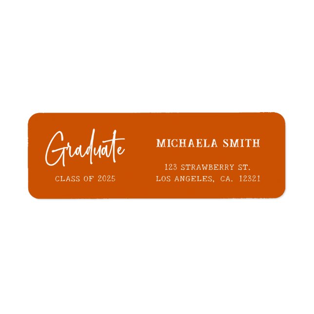 Étiquette Elegant Orange Script Graduation Return Address (Devant)