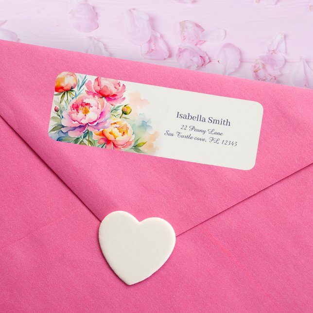 Étiquette Elegant Peonies Aquarelle Florale Adresse de retou (Graceful peonies bloom, adding refined beauty to your correspondence and invitations.)