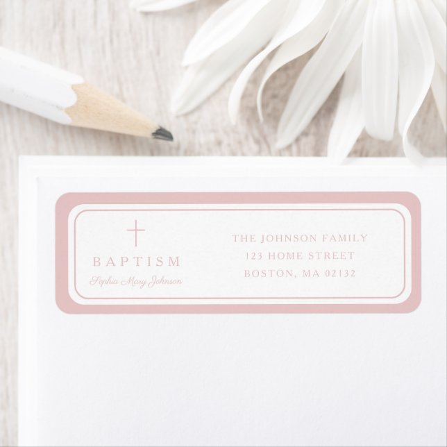 Étiquette Elegant Pink Cross Girl Baptism Return Address  (En situation)