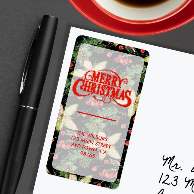 Étiquette Elegant Poinsettia Berries sur Black Adresse de re (Créateur téléchargé)