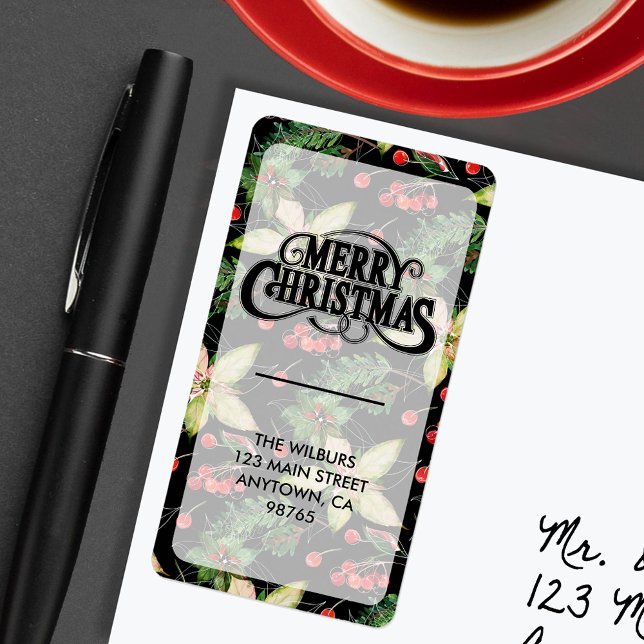 Étiquette Elegant Poinsettia Berries sur Black Adresse de re (Créateur téléchargé)