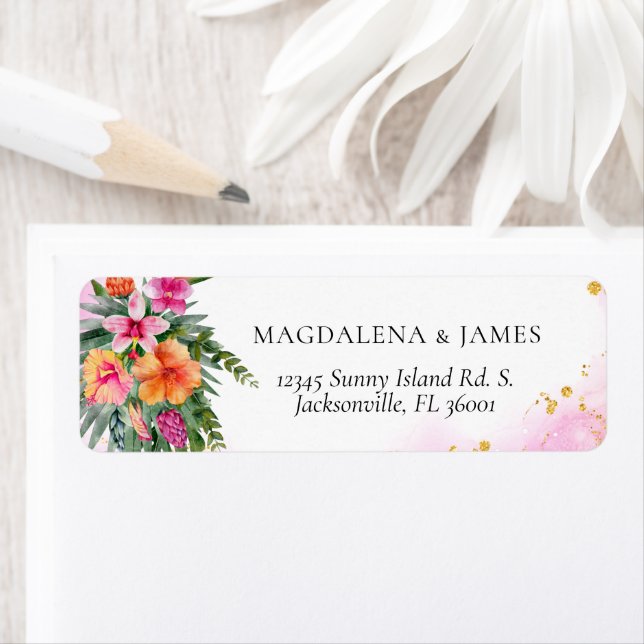 Étiquette Élégant rose clair Orange Tropical Island Floral (En situation)
