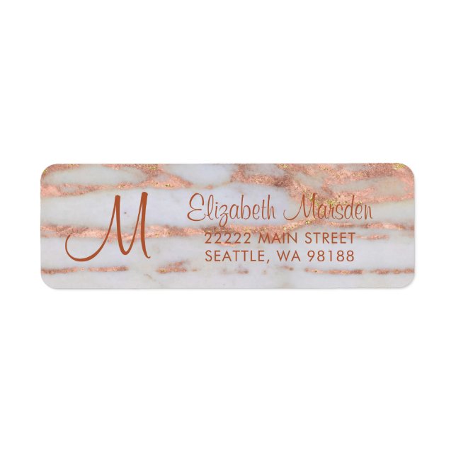Étiquette Élégant Rose Gold Marble Script Adresse de retour (Devant)