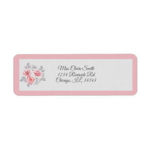 Étiquette Élégant rose Gris Floral Script Mariage Adresse