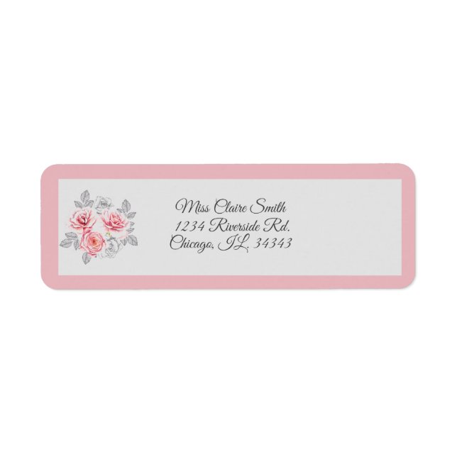 Étiquette Élégant rose Gris Floral Script Mariage Adresse (Devant)