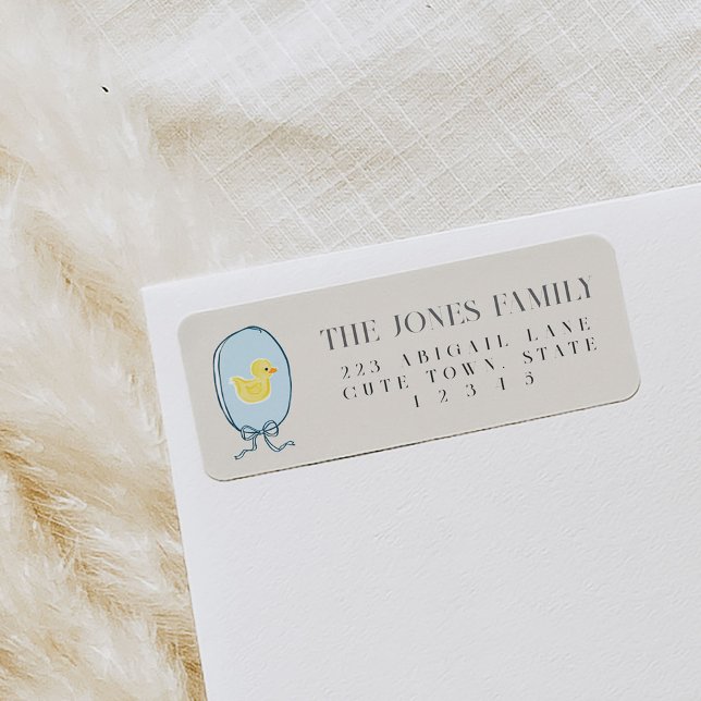 Étiquette Élégant Rubber Ducky Ribbon Adresse de retour (Elegant rubber ducky framed in a blue ribbon tied in a bow Baby Shower return address labels.)