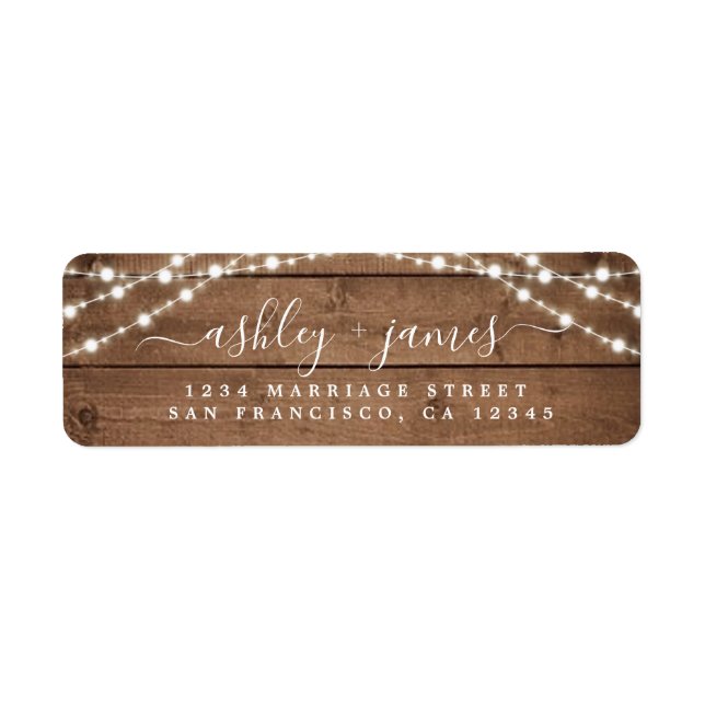 Étiquette Élégant Rustic Wood Lights Mariage Adresse de reto (Devant)