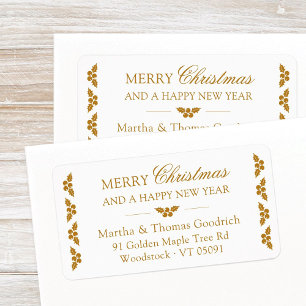 Étiquette Élégant Script Christmas Gold Holly Adresse de ret
