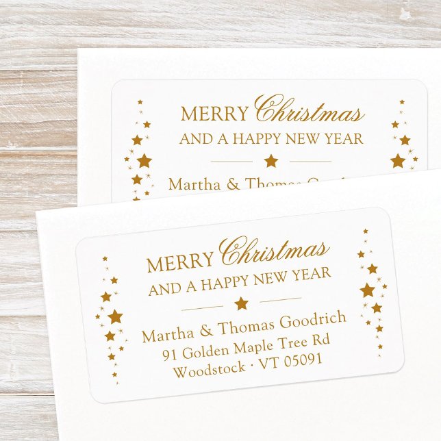 Étiquette Élégant Script Christmas Gold Stars Adresse de ret (Elegant, festive Merry Christmas and a Happy New Year return address label with golden stars.)
