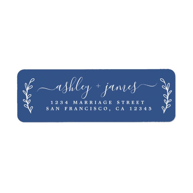 Étiquette Élégant Script Classic Blue Mariage Adresse de ret (Devant)