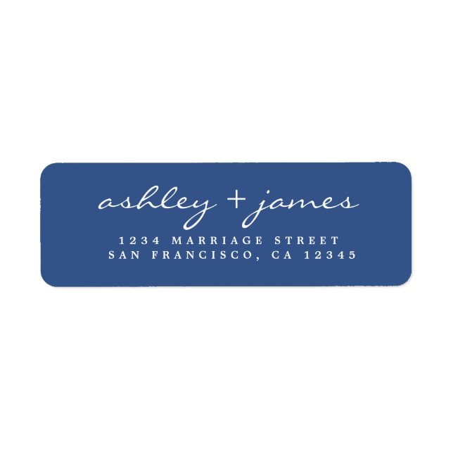 Étiquette Élégant Script Classic Blue Mariage Adresse de ret (Devant)