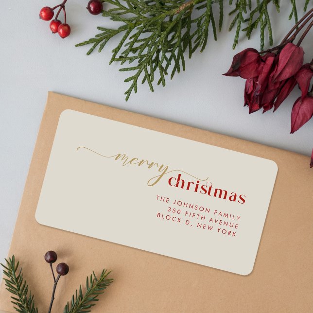 Étiquette Élégant Script Doré Rouge Noël Joyeux Noël (Créateur téléchargé)