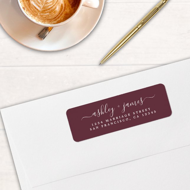 Étiquette Élégant Script Mariage Bourgogne Adresse de retour (Créateur téléchargé)