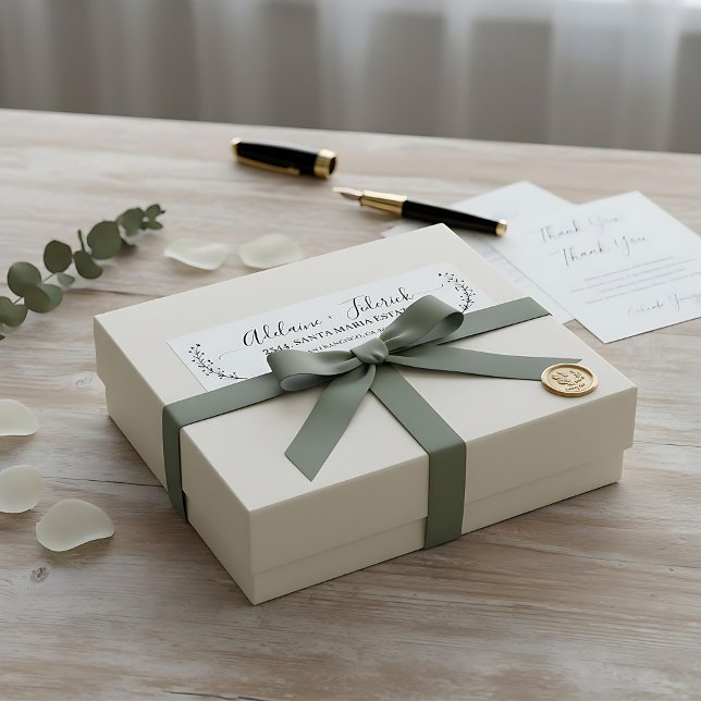 Étiquette Élégant script noir blanc mariage adresse de retou (Créateur téléchargé)