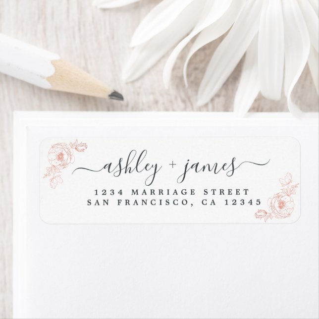 Étiquette Élégant Script rose Floral Mariage Adresse de reto (En situation)