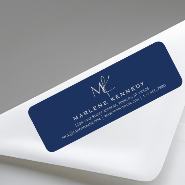 Étiquette Élégant Silver Monogram Navy Blue Adresse de retou (Créateur téléchargé)