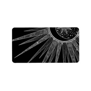 Étiquette Elégant Silver Sun Moon Mandala Black Design