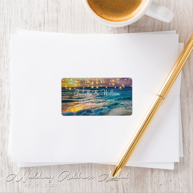 Étiquette Elégant Sunset Beach String Lights Mariage été (Créateur téléchargé)