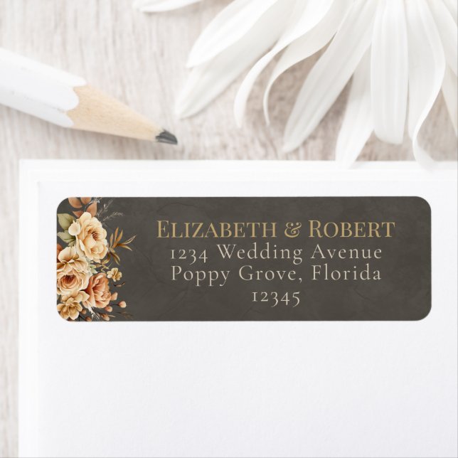 Étiquette Elegant Taupe Floral Wedding Address Label (En situation)