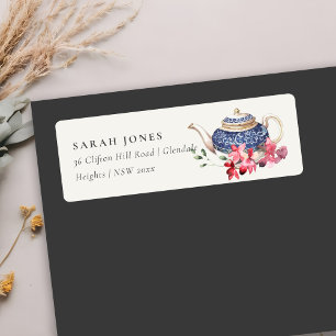 Étiquette Élégant Théière Bleue Rouge Floral Adresse de la f