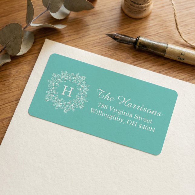 Étiquette Élégant Tiffany Turquoise vert Floral Wreath Monog (Créateur téléchargé)