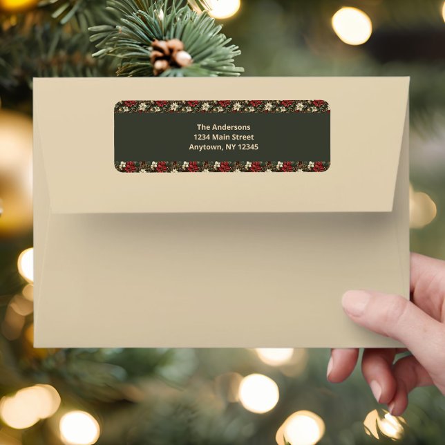 Étiquette Élégant vert Plaid Rouge Poinsettias Labe de Noël (Créateur téléchargé)